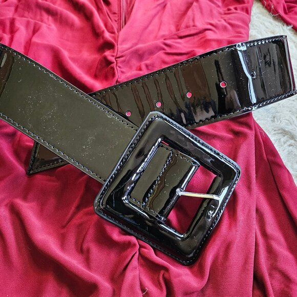 Bebe Women's Burgundy Bodycon Rachel Deep Leather Belted Dress XS - Picture 8 of 12